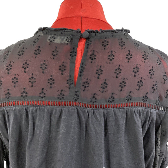 Fat Face Sheer Black Long Sleeve Peasant Blouse Casual Top Size 10 Eyelet Lace - Picture 6 of 11